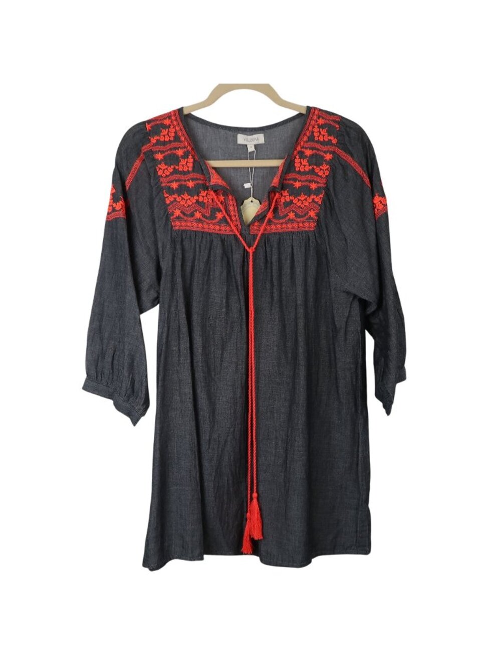 ✨3/$30 NWT Velzera Womens S Embroidered Peasant Tunic Top Chambray Cotton